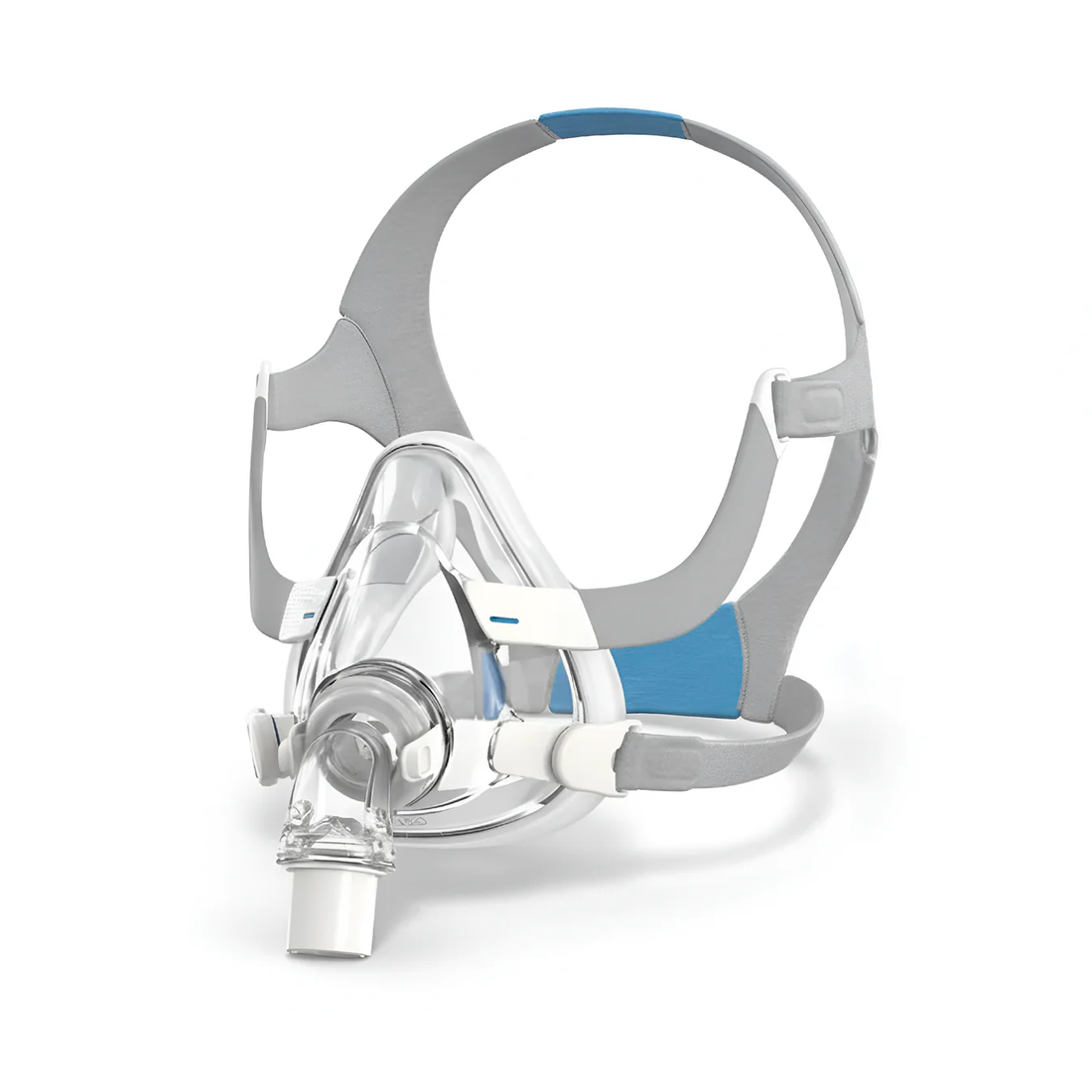 Full face CPAP mask with frame, headgear, and quick-release elbow